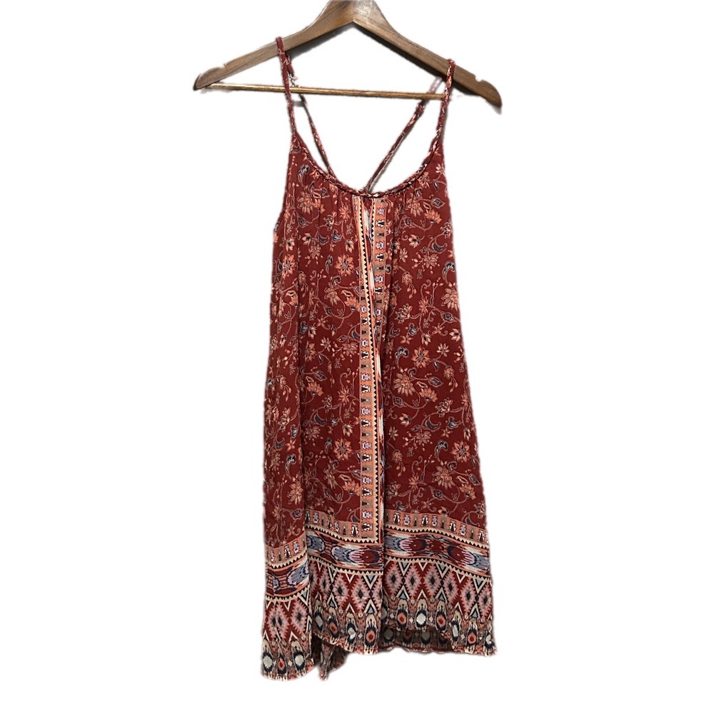 Hollister Mini Dress Women S Red Excellent Boho Floral Braided Strap Keyhole